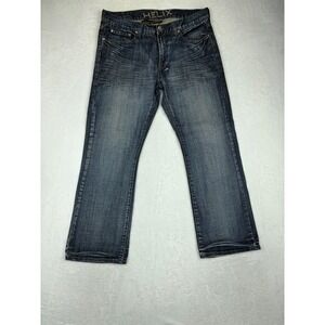 Helix Slim Mens 34x30 Bootcut Jeans Dark Wash Distress Embroidered  Cross Pocket